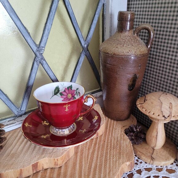 WINDSOR - Vintage Burgundy Red & Gold Porcelain Tea Cup - Picture 3 of 12